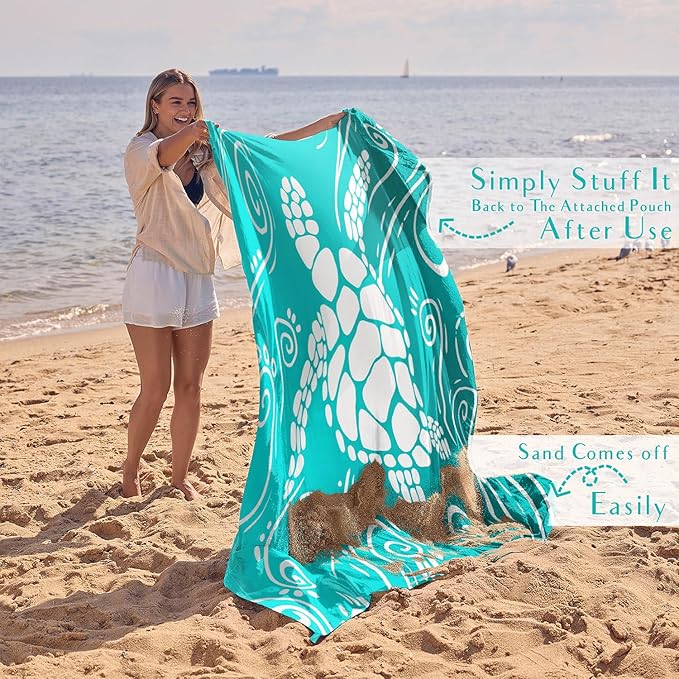 WEKAPO Beach Blanket Waterproof Sandproof Oversized Extra Large Sand Free Beach Mat with Stakes, Storage Bag - Essentials for Outdoor Beach, Picnic (Gradient Teal Sea Turtle, 11 X 9 FT (1~10 Person))
