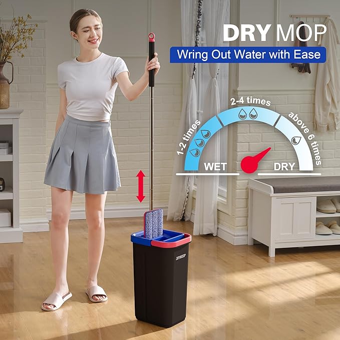 JOYMOOP Microfiber Flat Mop and Bucket System, Floor & Wall Cleaning, Wet Dry Mop for Home & Commercial Use, 60" Long Handle, Includes 5 Washable Pads