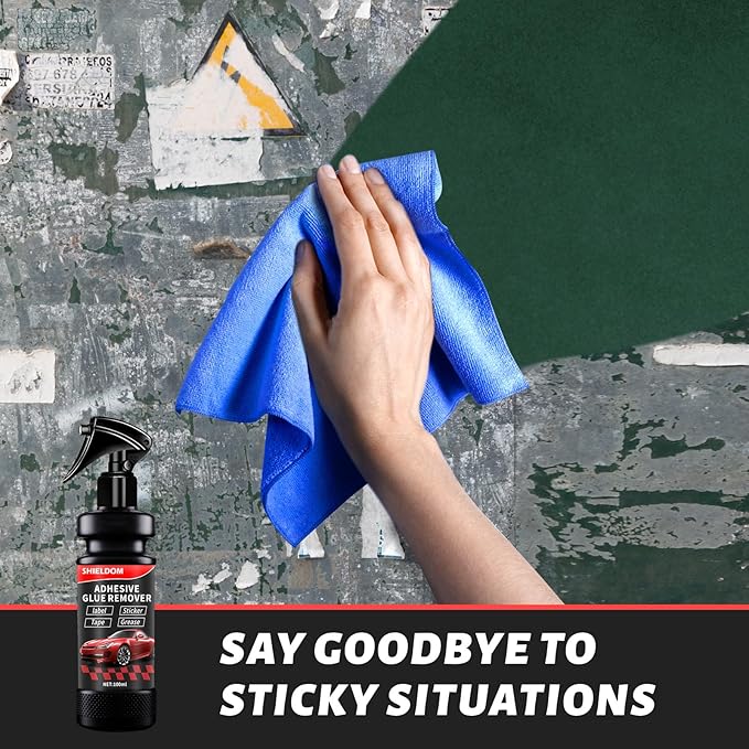 SHIELDOM Adhesive Remover, Dissolve & Soften Adhesives on Car Glass & Paint, Easily Remove Glue Sticker Labels Decals Tape Residue, Portable Spray Removal Set with Scraper, Spatula, Towel -3.4oz/100ml
