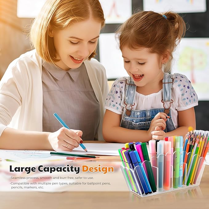 Scalloped Acrylic Pencil Holder – Clear Desk Organizer with 4 Compartments – Makeup Brush Holder & Remote Caddy for Office, Bathroom, Table – Party Accessory （4-Comp）