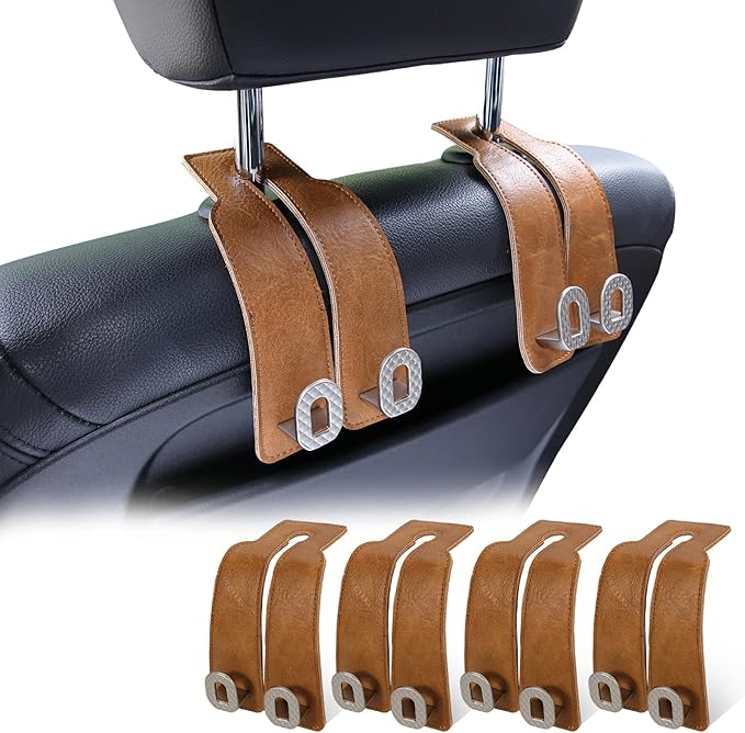Car Headrest Hooks, Universal Car Purse Hook, Premium Leather and Alloy Twin Hook, Car Seat Back Storage Hanger Hook for Purse Bags Cloth Drink, Durable Holder Car Accessories (BH09-Brown-Silver-4 Pcs)