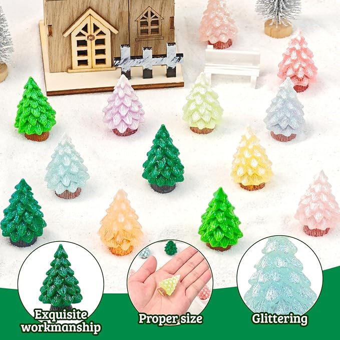 24 Pcs Mini Glitter Christmas Tree Figurines Glow in The Dark Xmas Luminous Resin Tree Miniature for Holiday DIY Crafts Garden Micro Landscape Party Home Tabletop Decoration