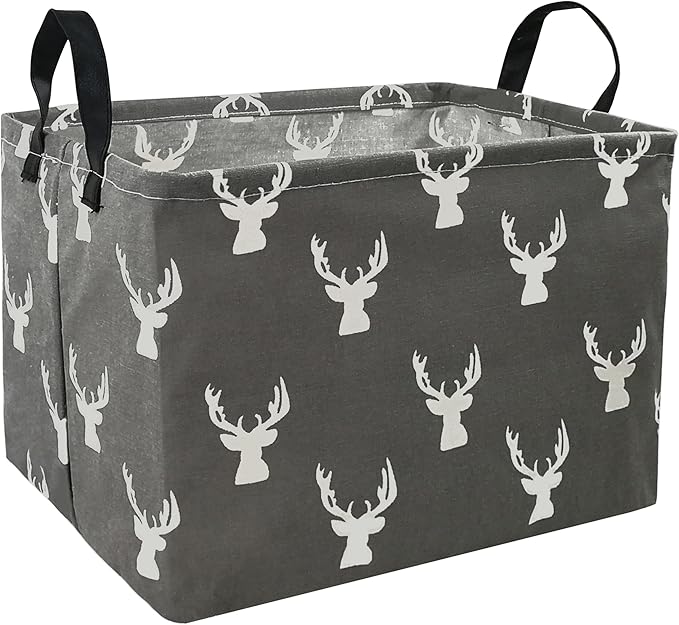 KUNRO Rectang Deer Storage Basket Gift Shelf Basket Storage Bin, Nursery Basket Organizer Box for With Handles for Room Deco (Grey deer)