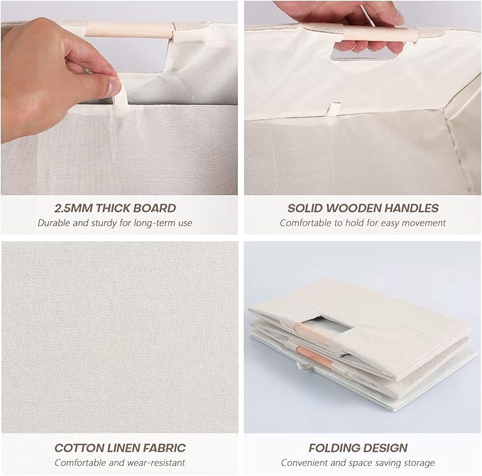 Fabric Storage Bin Box Foldable Cotton Linen Storage Basket with Wooden Handles Rectangular Cube Decorative Home Laundry Organizer Clothes Blanket Container - Beige, Small