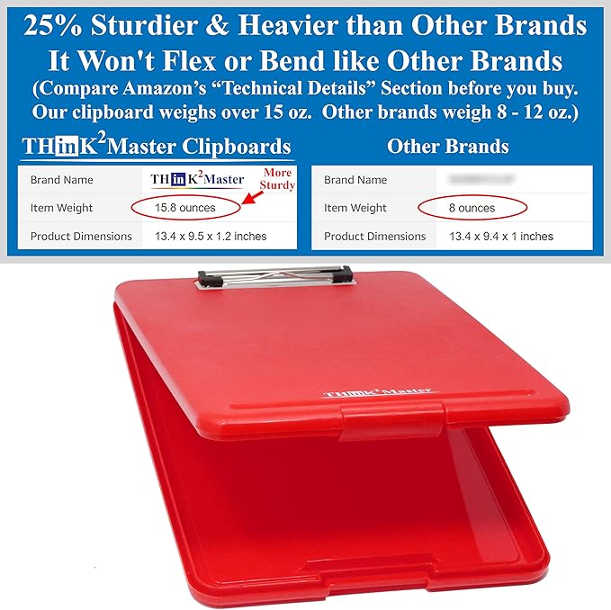 Think2Master [3 Pack] Red Plastic Storage Clipboard. | 25% Heavier & Sturdier| Heavy Duty and Won’t Flex Like Other Brands (Compare The Weight). Storage Compartment Holds 150 Letter Sized Paper.