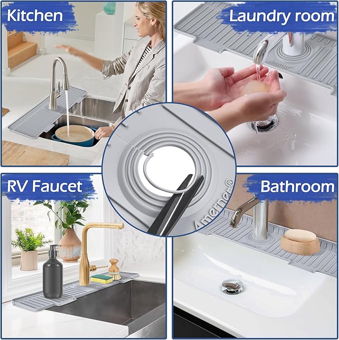 20 inch Kitchen Sink Splash Guard, 10° Large Slope & Adaptable Hole Faucet Mat for Kitchen Sink, Silicone Sink Organizer Sponge Holder for Kitchen, Bathroom, RV, Bar, 20” x 5.5”, Gray