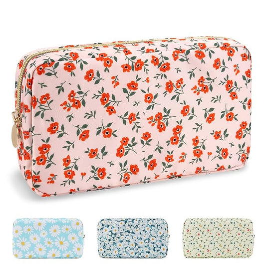 Waterproof Small Floral Makeup Bag Pouch for Purse,Nylon Flower Cosmetic Bag Preppy Travel Toiletry Storage Bag for Women Girl,Cute Makeup Organizer Bag Skincare Bag with Zipper(Small Pink-Flowers)
