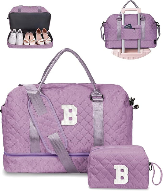 Girls Gifts - Duffle Bag with Shoe Compartment, Personalized Weekender Bag, Overnight Bag for Women, Letter Travel Bag with Makeup Bag, Trendy Tween Girl Stuff Gift (Letter B)