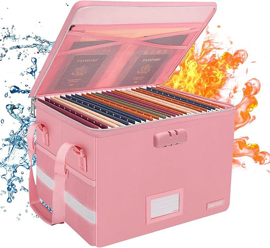 ENGPOW File Box with Lock, Fireproof Document Box with Zipper & Pockets, Collapsible File Organizer Filing Storage Cabinet with Handle, Portable Home Office Safe for Hanging Letter/Legal Folder, Pink