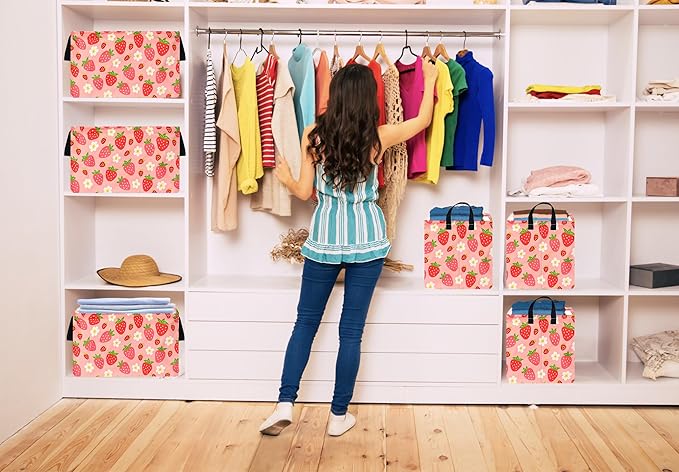 KUNRO Rectang Storage Basket Gift Shelf Basket Storage Bin, Nursery Basket Organizer Box for With Handles for Room Deco (Strawberry)