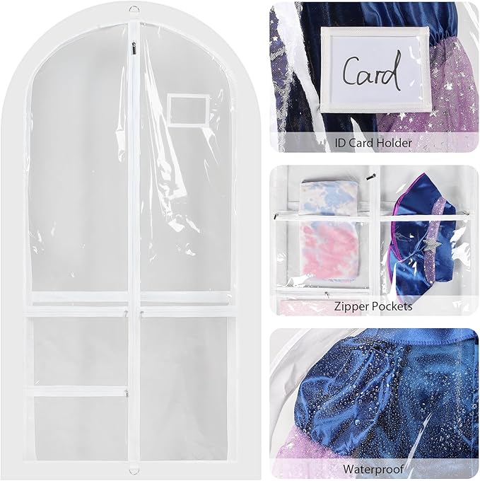 Univivi Clear PVC Dance Costume Bags, 50 Inch Garment Bag for Dance Competitions, with 3 Separated Medium Clear Zipper Pockets and 1 Large Back Zippered Pocket (White, 2 Pack)