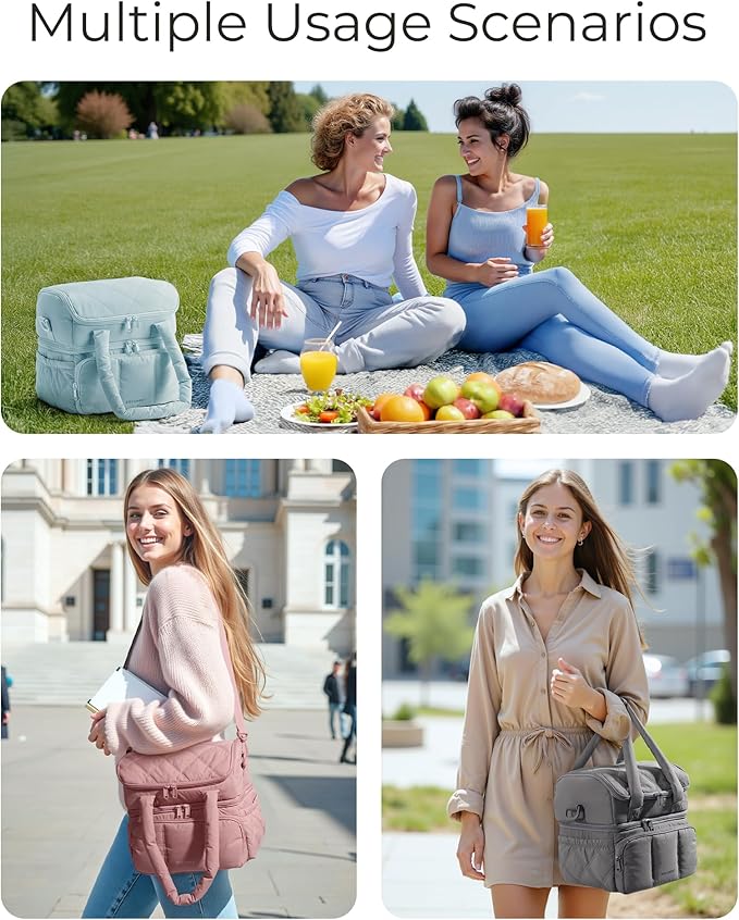 BAGSMART Lunch Bag Women, Double Deck Insulated Lunch Box, Quilted Puffer Lunch Tote, Leakproof, Durable & Reusable Large Lunch Cooler For Work Picnic Travel Meal Prep, Black