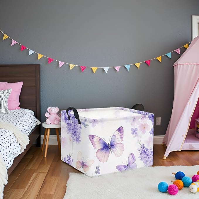 Rectangular Kids Storage Basket Baby Storage Basket with Handles for Home Kitchen Boys and Girls Cute Toy Storage Bin Organizer Shelf Book Room Decor(Purple Butterfly)