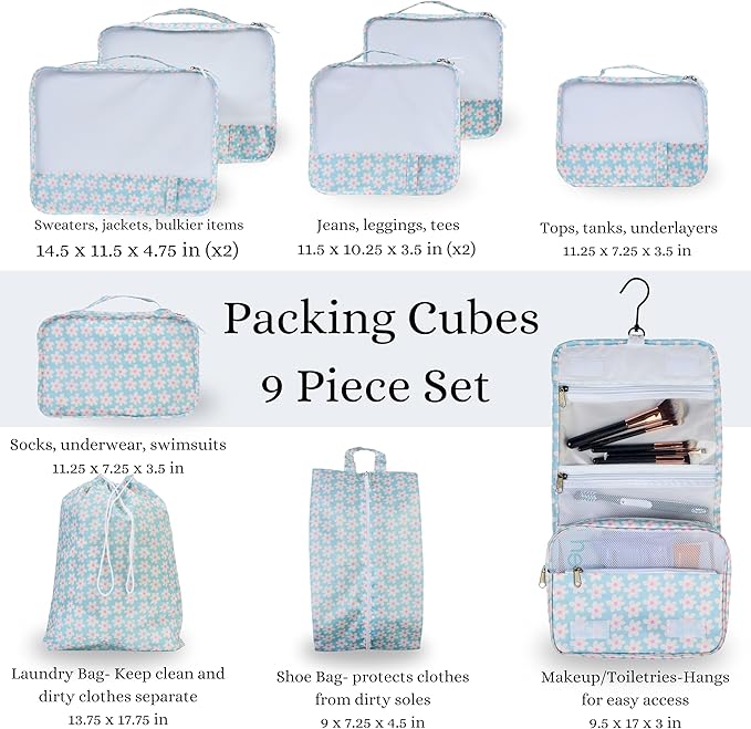 9 Set Packing Cubes - Suitcase Organizer, Cute Packing Cubes, Travel Bags Organizer for Luggage with Hanging Toiletry and Shoe Bag, Travel Essentials for Women, Men and Kids -Blue Flower