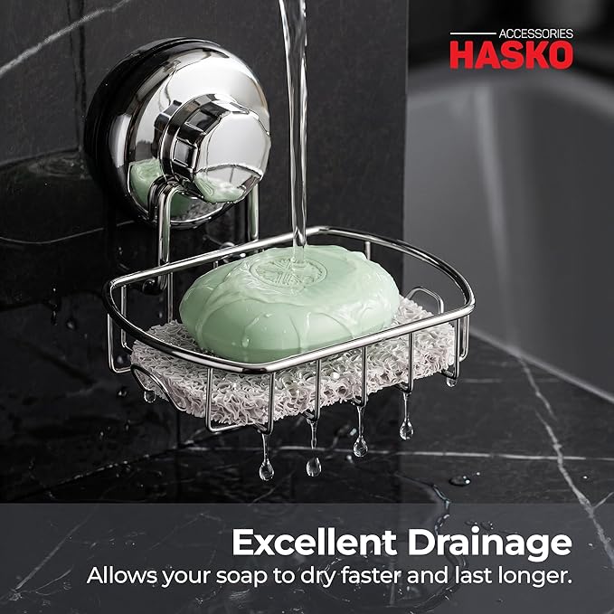 HASKO 2-Pack Suction Cup Soap Holder – Bar Soap Dish for Shower with Hooks for Bathroom – Optional Mounting with Adhesive Tape – Includes 2 Soap Savers – Polished Stainless Steel SS304