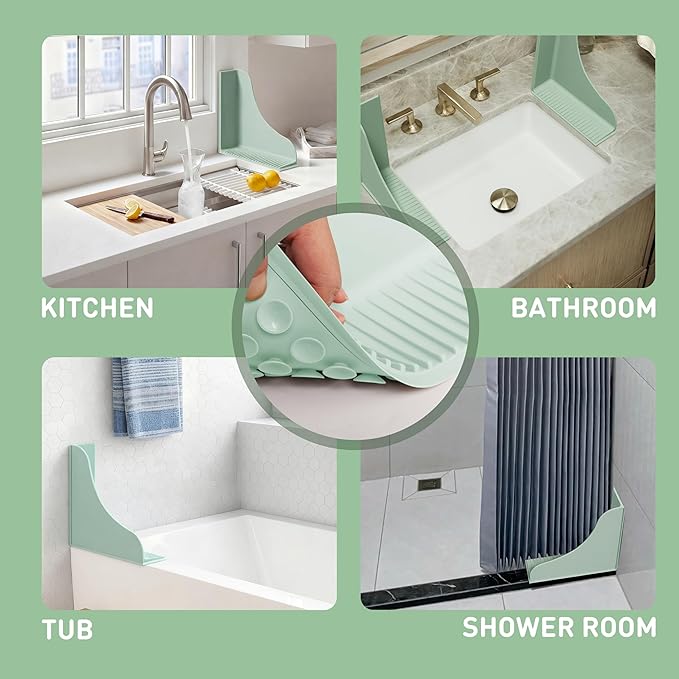 Roslim No-Adhesive 2-Pack All-Silicone Shower Splash Guard with Strong Suction Cups, Reusable Bathtub Corner Water Blocker for Secure Seal, Keeps Water in Shower or Bath, One-Piece Design, Mint Green