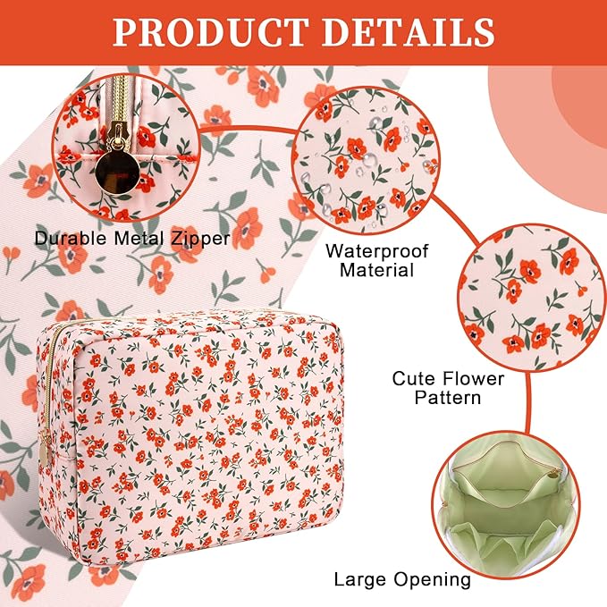 Waterproof Nylon Large Makeup Bag Travel Pouch, Floral Preppy Big Cosmetic Bag Make Up Organizer Toiletry Bag with Zipper, Large Capacity Cute Zipper Pouch Storage Bag for Women Girls(Orange Flower)