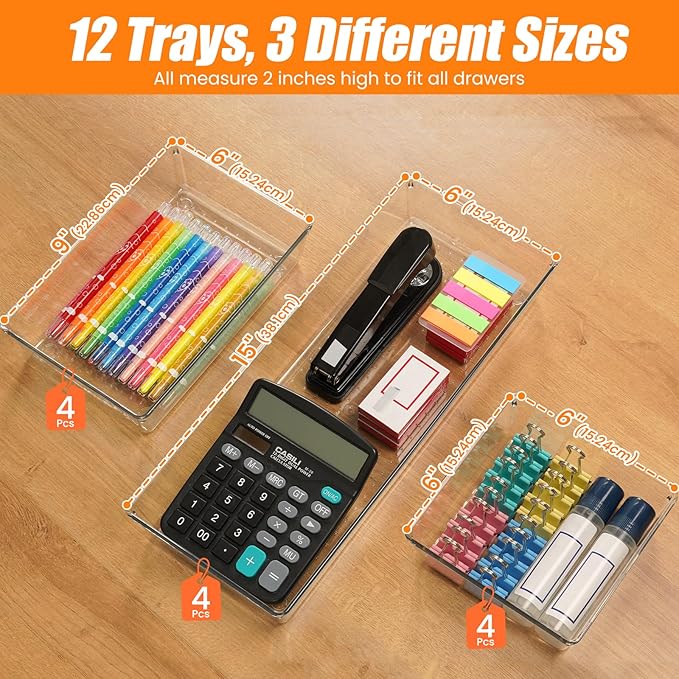12 Pack Clear Plastic Drawer Organizer Set, Acrylic Non-Slip Non-Cracking Kitchen Drawer Storage Tray Large Size Divider, Multifunctional Storage for Cosmetics, Bathroom, Tools, Kitchen, and Office