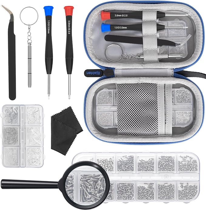 Eyeglass Repair Kit with Screws, Eye Glass Repairing Kit Include Nose Pads, Small Screwdriver, Magnifier, Tweezer for Eyeglass, Sunglass, Spectacles Watch, Eye Glass Repairing Kit with Travel Case