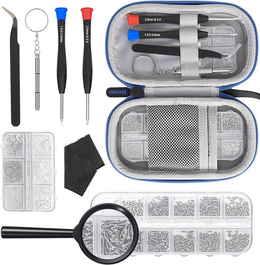 Eyeglass Repair Kit with Screws, Eye Glass Repairing Kit Include Nose Pads, Small Screwdriver, Magnifier, Tweezer for Eyeglass, Sunglass, Spectacles Watch, Eye Glass Repairing Kit with Travel Case