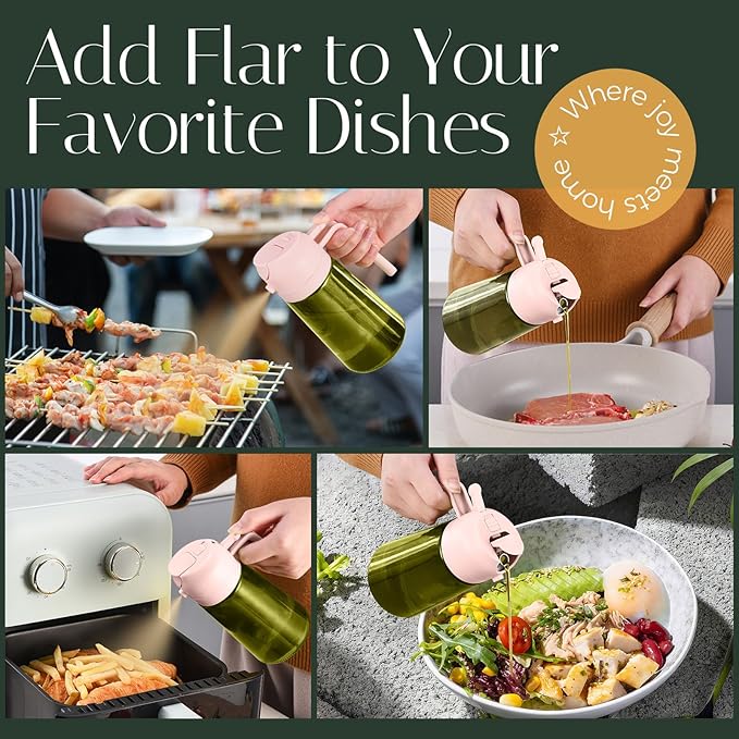 YARRAMATE 16oz/470ml Light-Blocking Dark Oil Sprayer for Cooking, 2 in 1 Olive Oil Dispenser Bottle for Kitchen, Dark Green Glass Oil Bottle, Food-Grade Oil Mister for Air Fryer, BBQ (PeachPink)