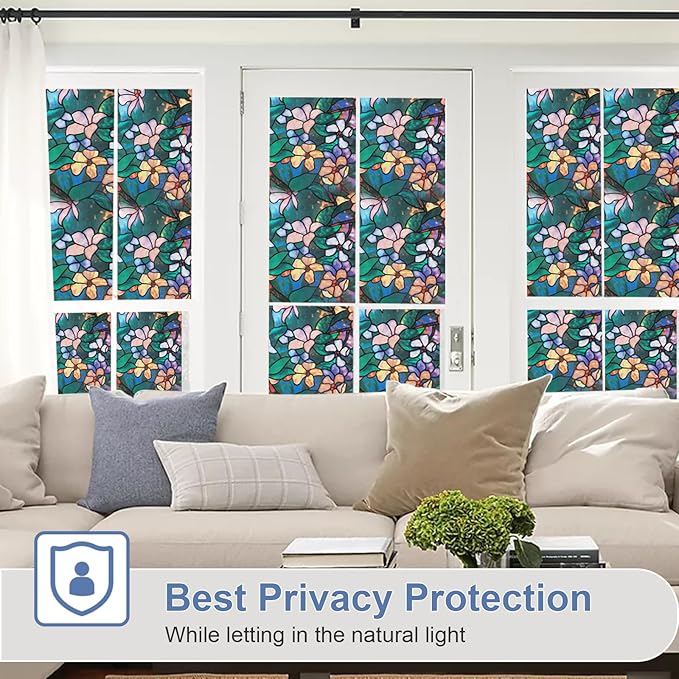 Window Privacy Film Stained Glass Window Films Day and Night, Static Cling Decorative Window Tinting Clings Door Covering for Home, Bathroom, Sun Blocking Decals Stickers (17.5" x 78.7")