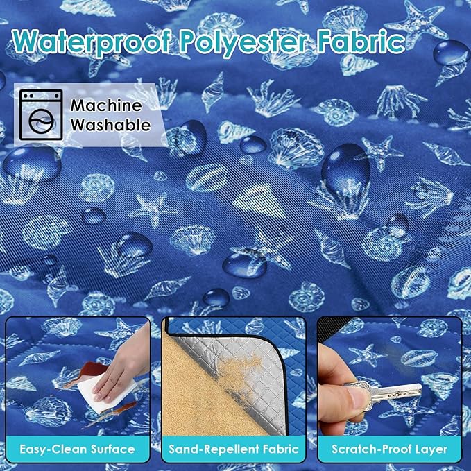 Waterproof Picnic Outdoor Blanket, 79" x 59" Sandproof Foldable Large Picnic Blanket for Beach, Camping, Park, Travel, Concert, Great Gift for Families and Couples (Blue Sea Shells)