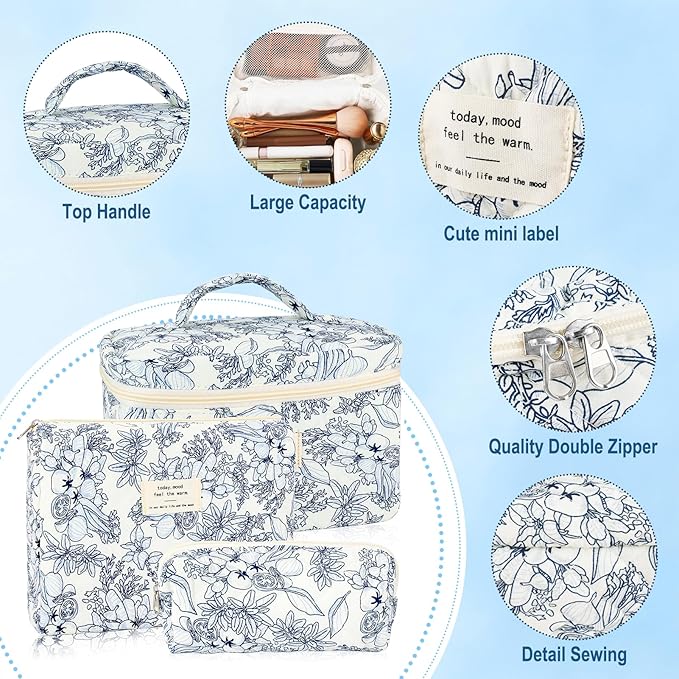 3Pcs Cotton Quilted Makeup Bag for Women Girls Large Small Travel Black Floral Cosmetic Bags Set Cute Coquette Makeup Pouch for Purse Aesthetic Cloth Flower Storage Toiletry Bag Organizer