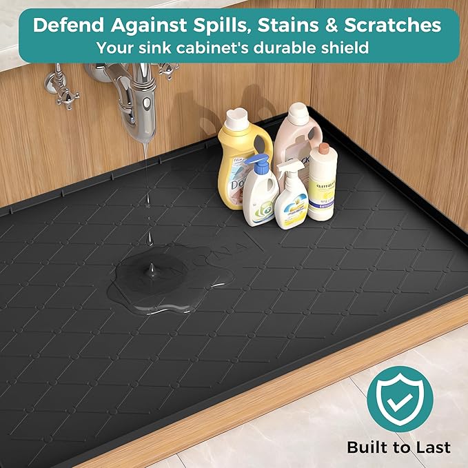 URMONA 28" x 19" Waterproof Silicone Mat in Multiple Sizes & Colors, Under Sink Mat for Kitchen & Bathroom, Pet Food Pad for Dogs & Cats, Kitchen Cabinet Liner, Multi-Purpose for Storage (Beige)