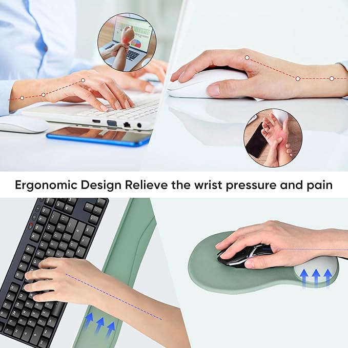 WINTOJO Wrist Rest Support for Mouse Pad Keyboard Set, Circle Coaster, Gaming Mouse Pad, Ergonomic Gel Memory Foam Set for Computer, Laptop, Office, Pain Relief, Comfortably Typing, Pure Green, KM-34