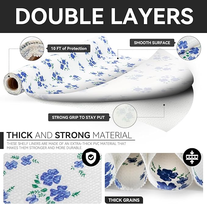 RAY STAR Shelf Liner, 18 Inch x 24 Feet Non Adhesive Blue Floral Kitchen Cabinet Liner for Pantry Drawer Vanity, Strong Grip Non Slip Waterproof, Shelf Liners for Kitchen Cabinets Cupboard
