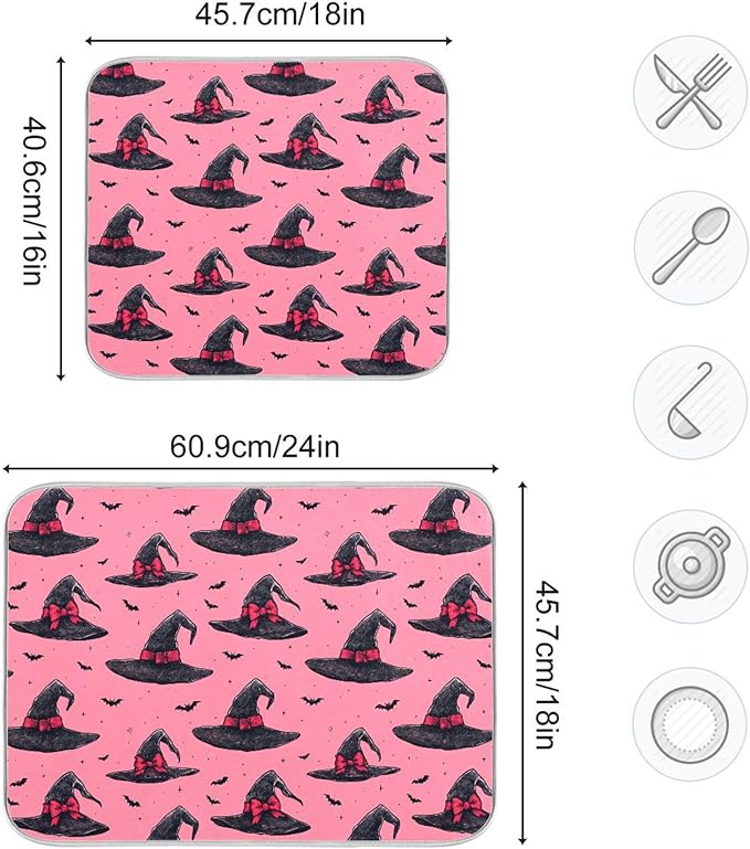 Witch Bow Hot Pink Dish Drying Mat for Kitchen Countertop 16x18 Halloween Bowknot Bat Small Drying Mat Reusable Quick Dry Dish Sink Mats Easy Clean Decorative Essentials