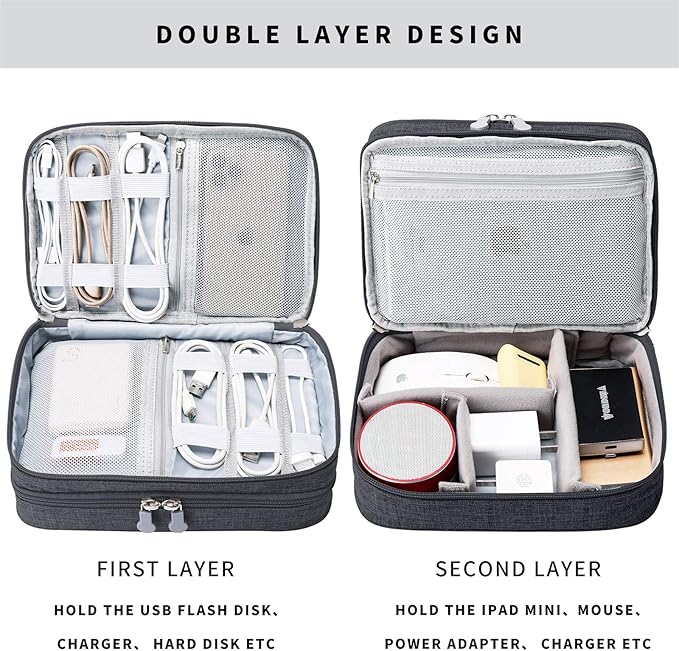 Lanola Travel Cable Organizer Bag, Electronic Accessories Case Portable Double Layer Cable Storage Bag for Cord, Phone, Charger, Flash Drive, SD Card, Personal Items - (Black)
