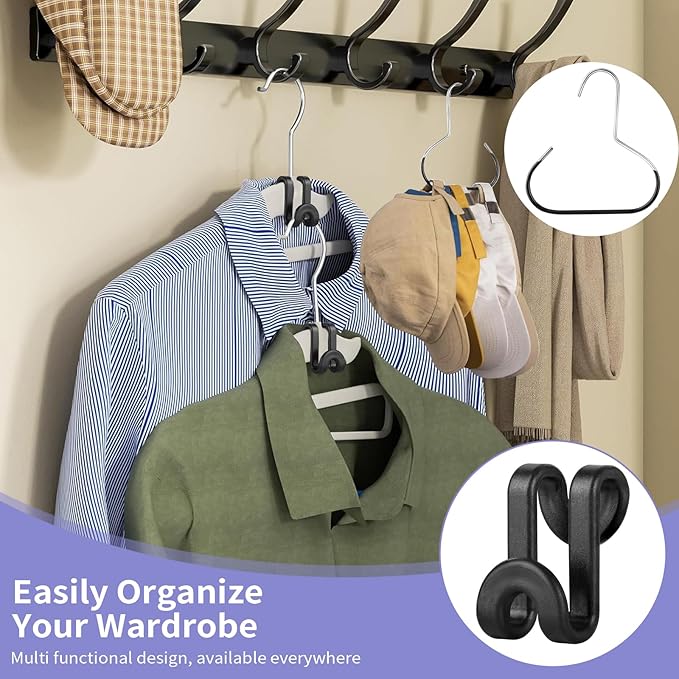 BATHRINS Space Saving Hanger Hooks Set - 60 PCS Hanger Connector Hooks & 3 PCS Hat Organizer Hangers for Closet Clothes Organizers Space Saving