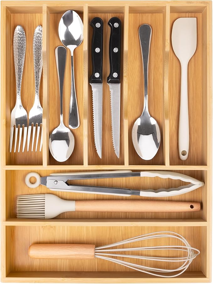 Bellsal Bamboo Silverware Drawer Organizer, Kitchen Utensil Drawer Organizers, 12"x15.7" Utensils Holder Cutlery Tray with Grooved Drawer Dividers for Kitchen Flatware Bedroom Office (7 Slot, Natural)