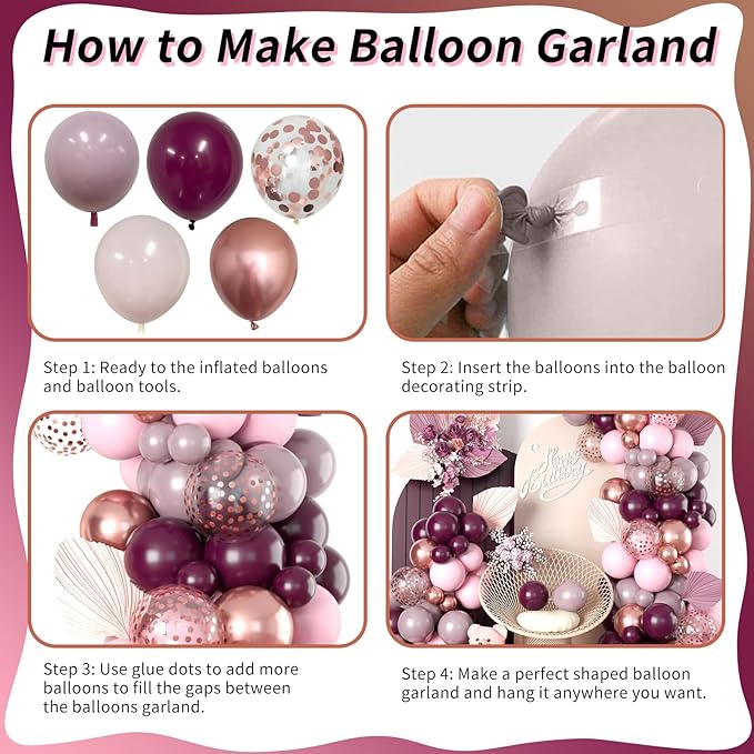 Burgundy Pink Balloon Garland Arch Kit, Burgundy Ruby Red Dusty Purple Pastel Pink Metallic Rose Gold Confetti Balloon Arch Kit for Women Girls Birthday Wedding Baby Bridal Shower Party Decorations