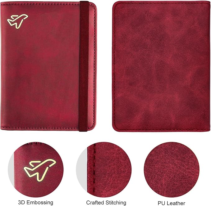 WALNEW Passport Holder for Travel, RFID Passport Cover Wallet for Women Men, PU Leather Passport Book Card Holder Case with Pen (Elastic Band Closure, C-Red)
