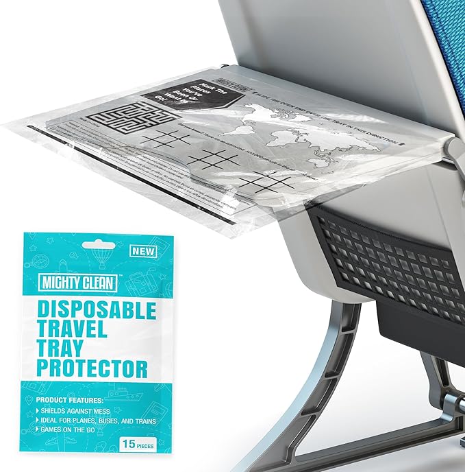 15 Disposable Travel Tray Protectors by Mighty Clean │ Airplane Travel Essentials for Toddler, Kids, and Adults │ Must Have for Flying │ Provides a Clean Surface and Entertainment │ 15 Pack