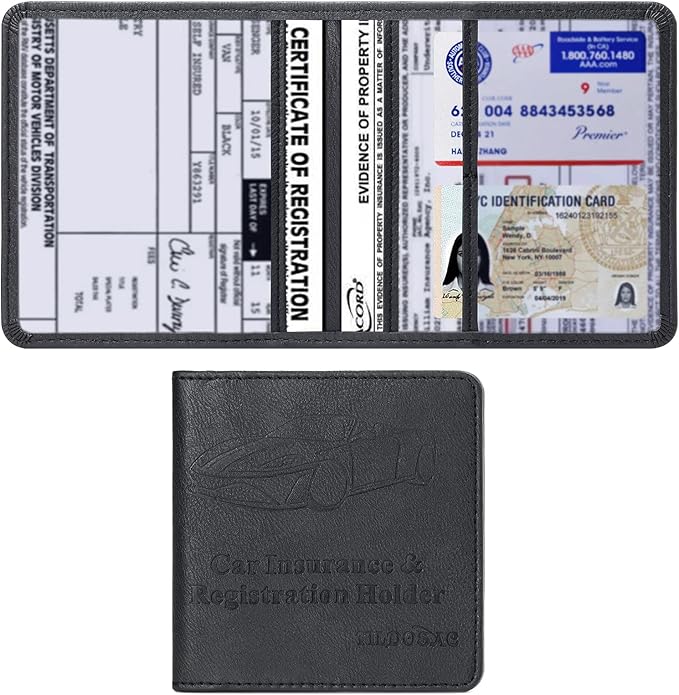 TILDOSAC Car Registration & Insurance Card Holder Leather Auto Glove Box Organizer Document Wallet with Magnetic Shut (Black, Small)