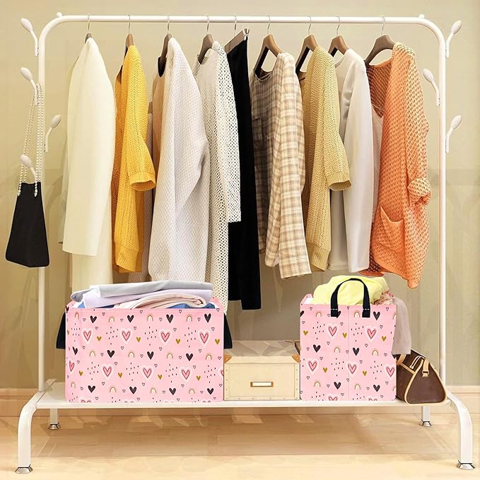 Rec Pink Heart Print Box Hamper Storage Basket Collapsible Organizer Bin Gift Shelf Baskets for Home and Kitchen Storage