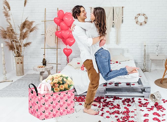 KUNRO Rectang Heart Valentine's Storage Basket Gift Shelf Basket Storage Bin, Nursery Basket Organizer Box for With Handles for Room Deco