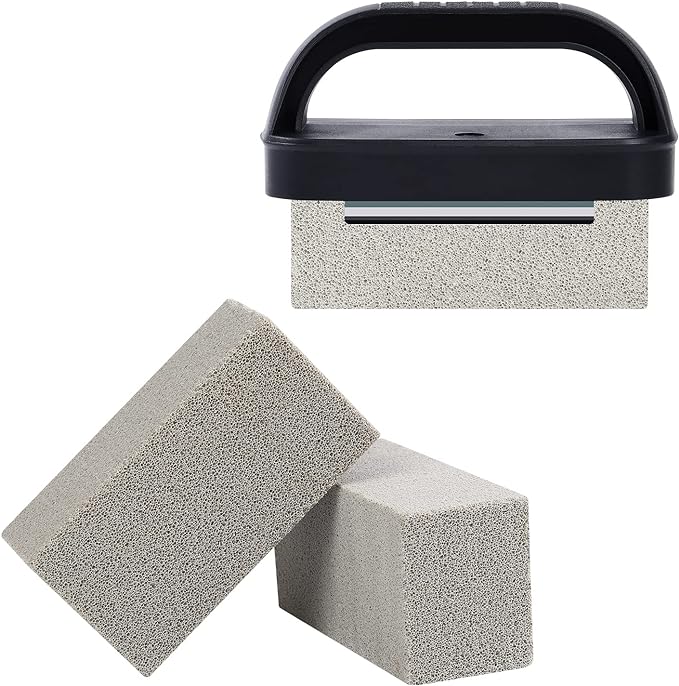 Blackstone Griddle Cleaning Brick Block Heavy Duty Grill Cleaning Stone Bricks Non Scratch Flat Top Seasoning Stone Griddle Scrubber Cleaner Remove Greases Stains Residue -3 Pack with Handle