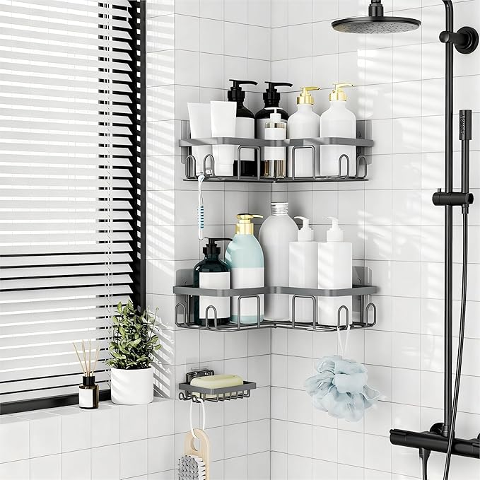 Moforoco Corner Shower Caddy Shelf Organizer Rack, Self Adhesive Black Bathroom Shelves Basket, Home Wall Shower Inside Organization and Storage Decor Rv Accessories, First Apartment Essentials (Grey)