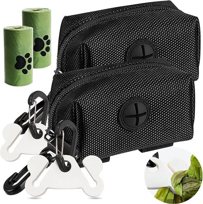 Hilihali 2-Pack Dog Poop Bag Holder for Leash Attachment, Dog Poop Bag Dispenser, Dog Waste Bag Dispensers, Dog Poop Bag Holders, Fits Dog Leash, Accessory With Hand-Free Holder Carriers, Black