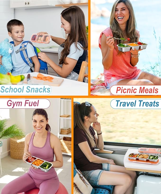 KTKUDY 3 Pack Stainless Steel Snack Containers for Kids & Adults - Leak-Proof 3-Compartment Stackable Snack Lunch Boxes for Daycare, School, Work & Travel