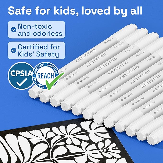 ARTISTRO 12 White Acrylic Paint Markers - Paint Pens for Drawing, Brush + Fine Tips - For Fabric, Rock, Glass, Wood, DIY - Art & Craft Supplies for Adults, Teens, Kids - Teacher Appreciation Gift