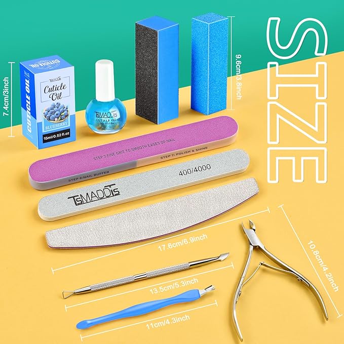 TsMADDTs Nail Manicure Kit with 3 Nail Files, 2 Buffer Blocks, Cuticle Tool with Trimmer, Pusher and Cuticle Oil for Women Nail Care