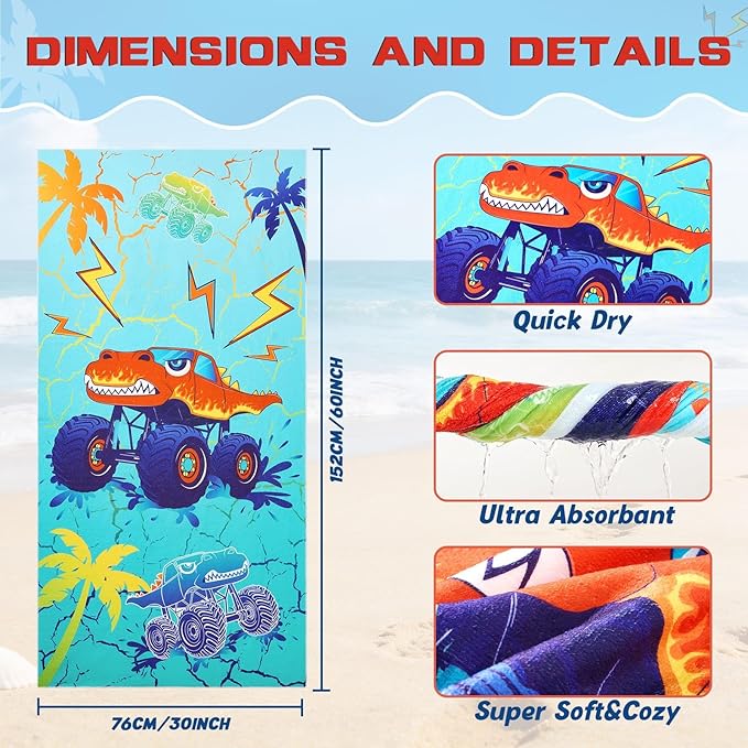 WERNNSAI Beach Towel for Kids, 30”x 60”Truck Quick Dry Sand Free Kids Beach Towel for Boys Personalized Beach Towel Pool Camping Travel Towel Soft Beach Blanket Bath Shower Towel