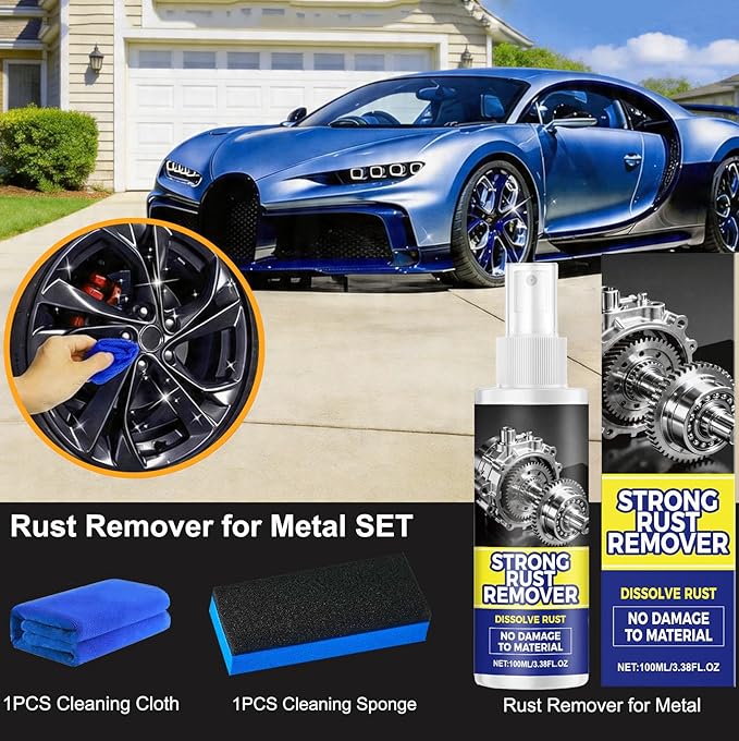 Upgrade Rust Remover Set for Metal, with Cleaning Cloth and Sponge, Heavy Duty Metal Cleaner for Vehicles, Tools, Chains, Multipurpose Iron Out Rust Stain Remover, 100 ml