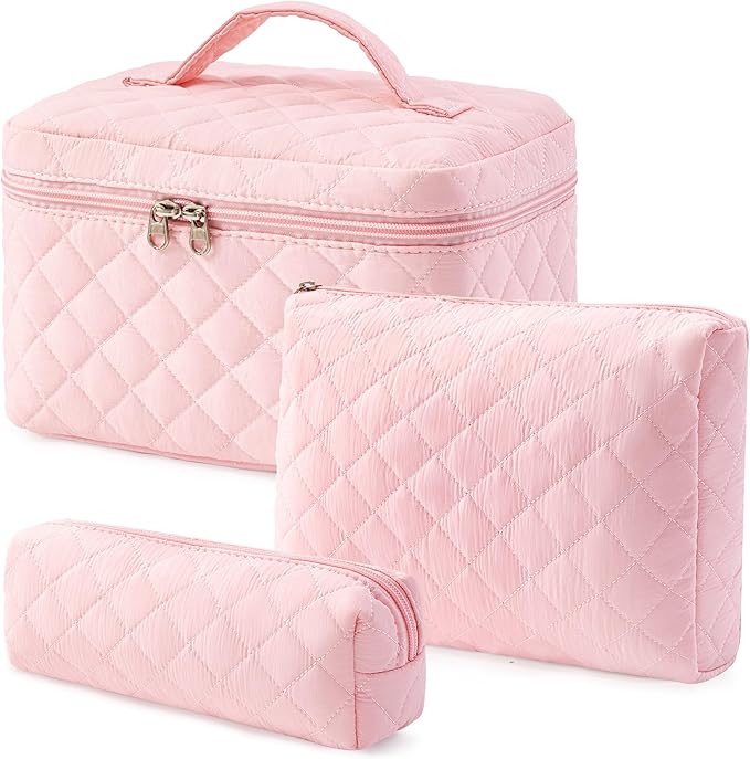 HBselect Quilted Makeup Bag, 3PCS Cotton Large Travel Makeup Bag, Cute Floral Coquette Make up Bag Cosmetic Bag Toiletry Bag for Women Girls